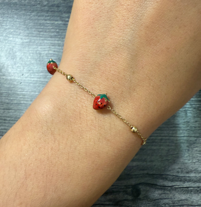 Enamel Strawberry and 14K Gold Bracelet