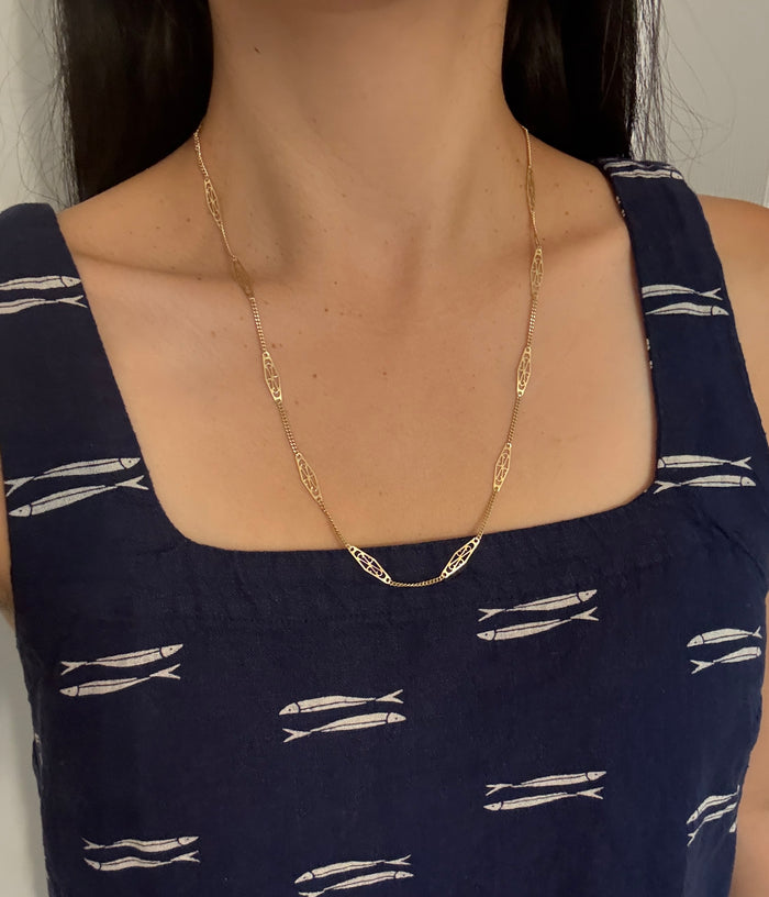 Vintage 14K Gold Filigree Panel Necklace, 24" Long