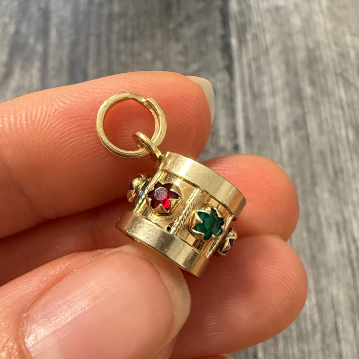 Vintage 18K Gold Drum Charm with Multicolor Stones (S)