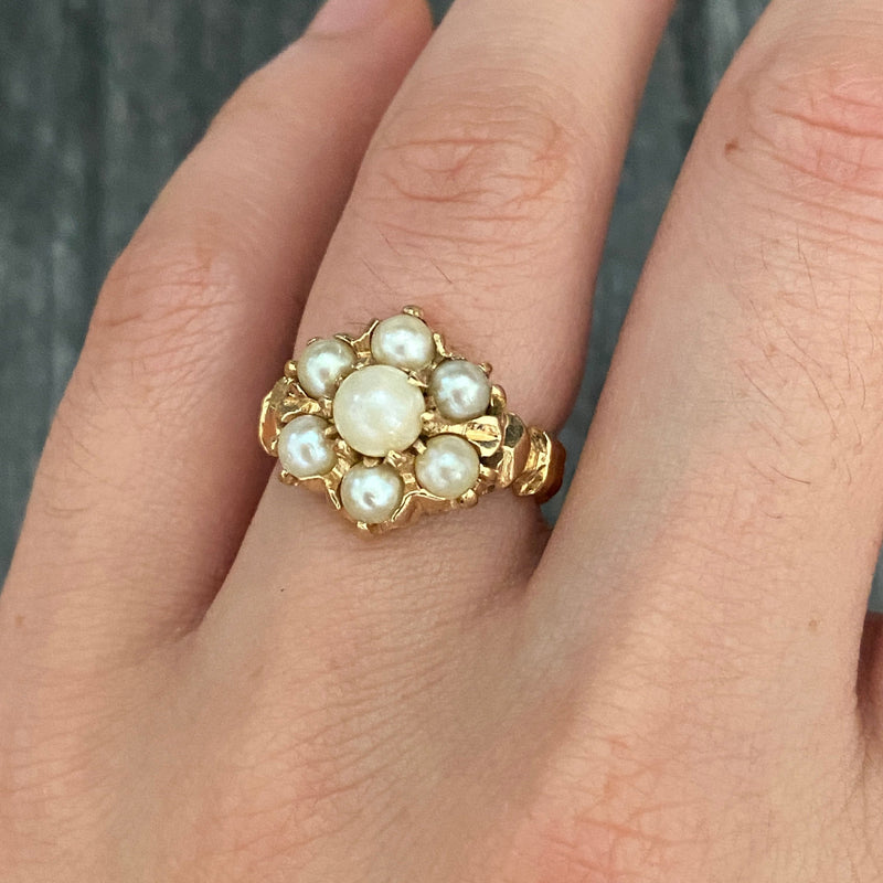 Victorian Revival Pearl Cluster 14K Gold Ring – Alpha Omega Jewelry