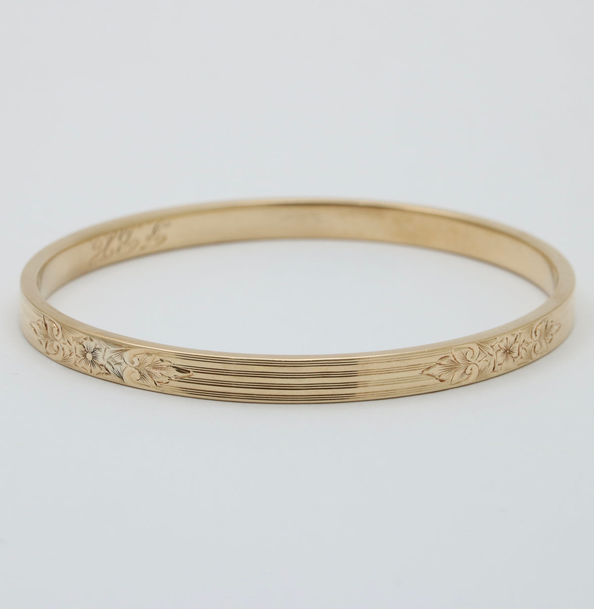 Art Deco 14K Gold Chased Floral Bangle Bracelet, 7.5” Circumference