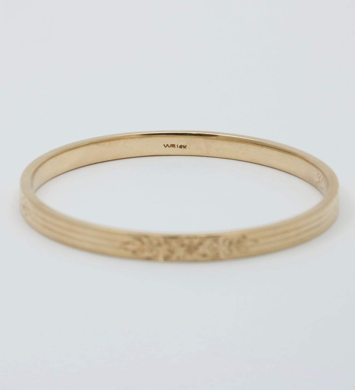 Art Deco 14K Gold Chased Floral Bangle Bracelet, 7.5” Circumference