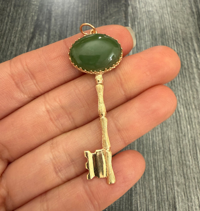 Vintage Jade and 14K Gold Bamboo Style Key Pendant