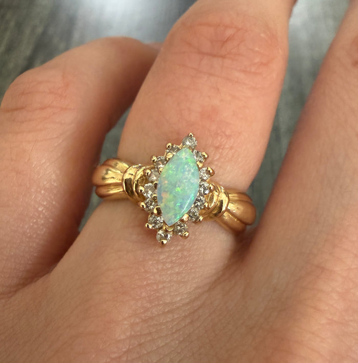 Marquise Opal and Diamond Ring in 14K Gold