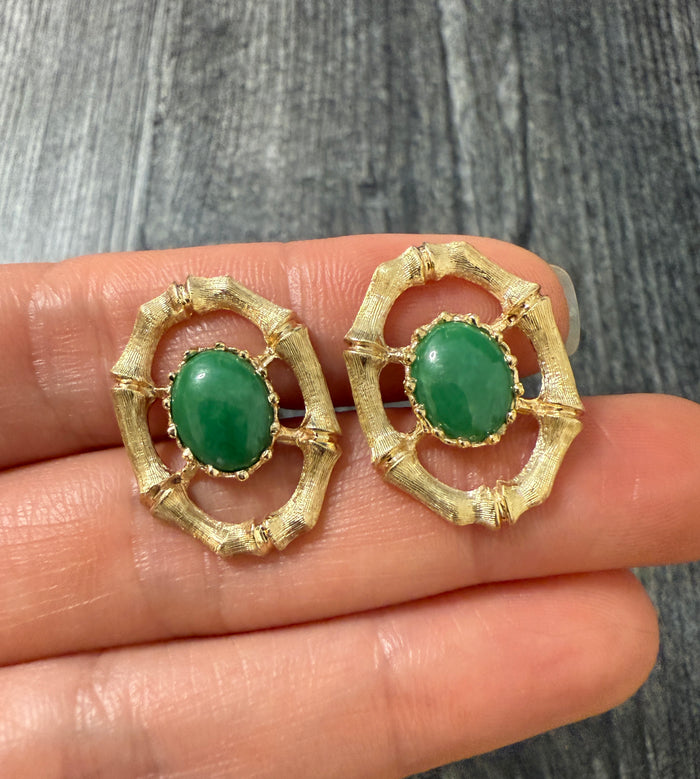 Vintage La Triomphe Jade and 14K Gold Bamboo Border Cufflinks