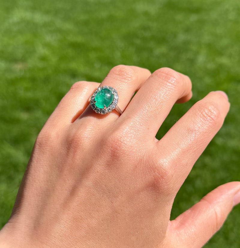 3.3 Carat Cabochon Emerald and Diamond Halo Ring