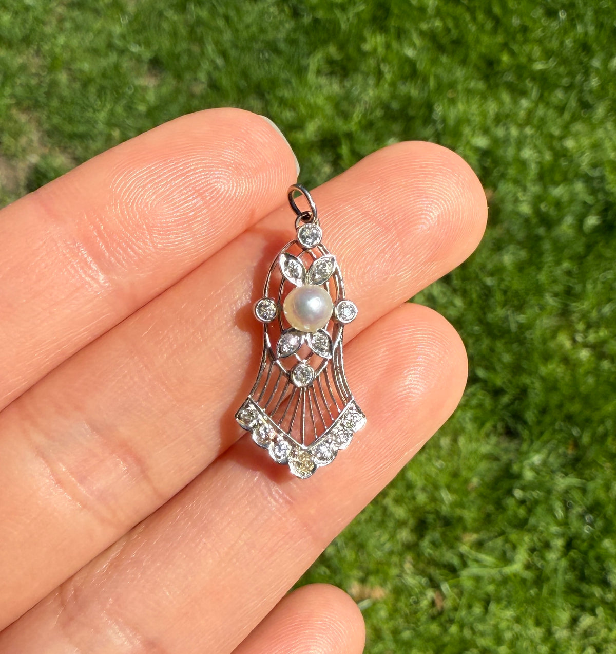 Edwardian Diamond and Pearl Bell Shaped Charm