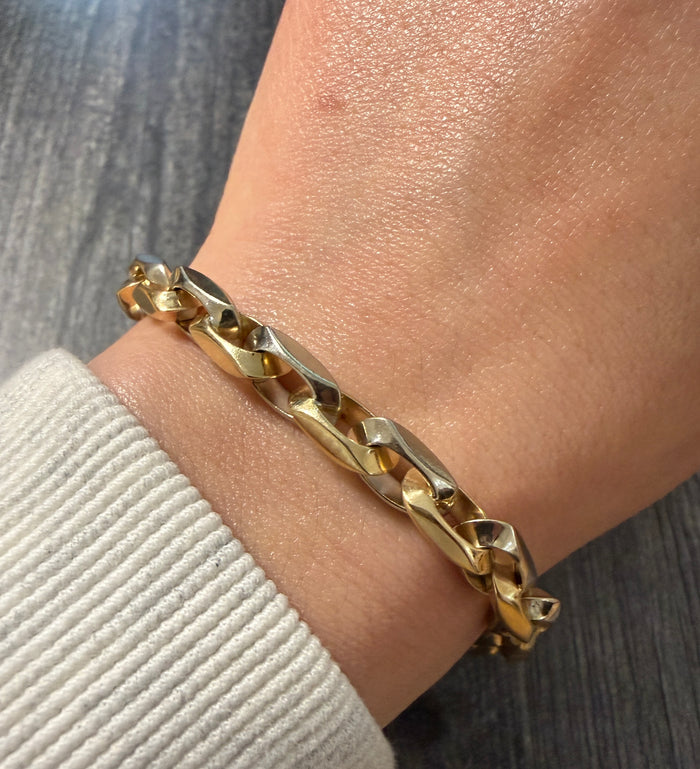 Vintage 14K Bicolor Gold Squared Biker Link Bracelet, 8.25" Long