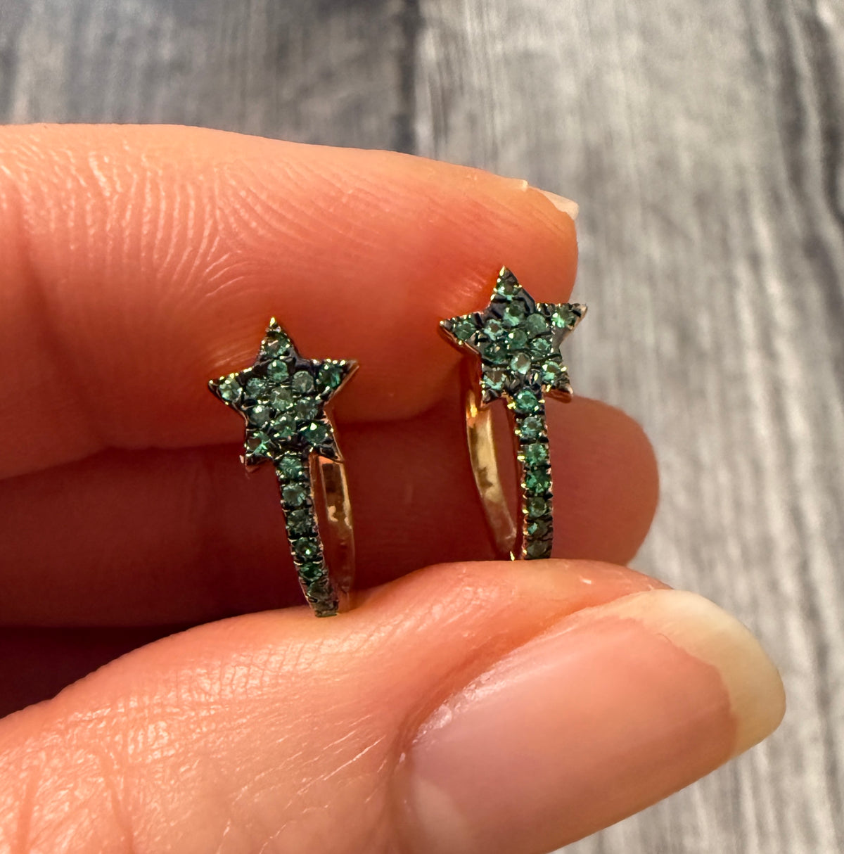 Emerald and 14K Gold Star Huggie Earrings