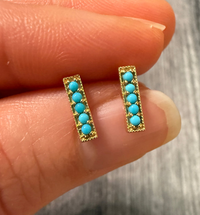Turquoise and 14K Gold Bar Stud Earrings