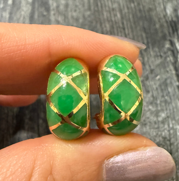 Vintage Green Jade and 14K Gold Lattice Style Huggie Earrings
