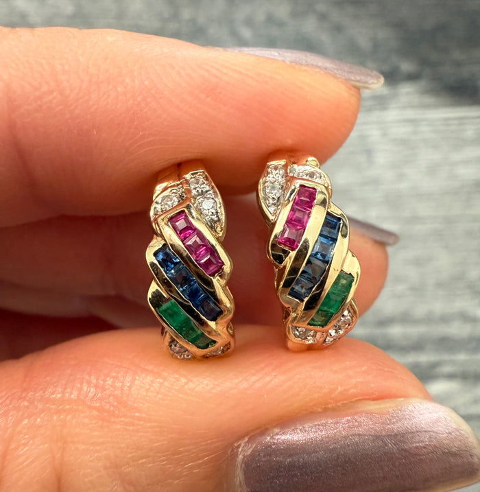 Sapphire, Emerald, Ruby, and Diamond Huggies Earrings