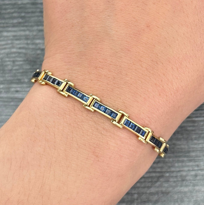 Vintage Sapphire Tank Style 18K Gold Line Bracelet, 6.5” Long
