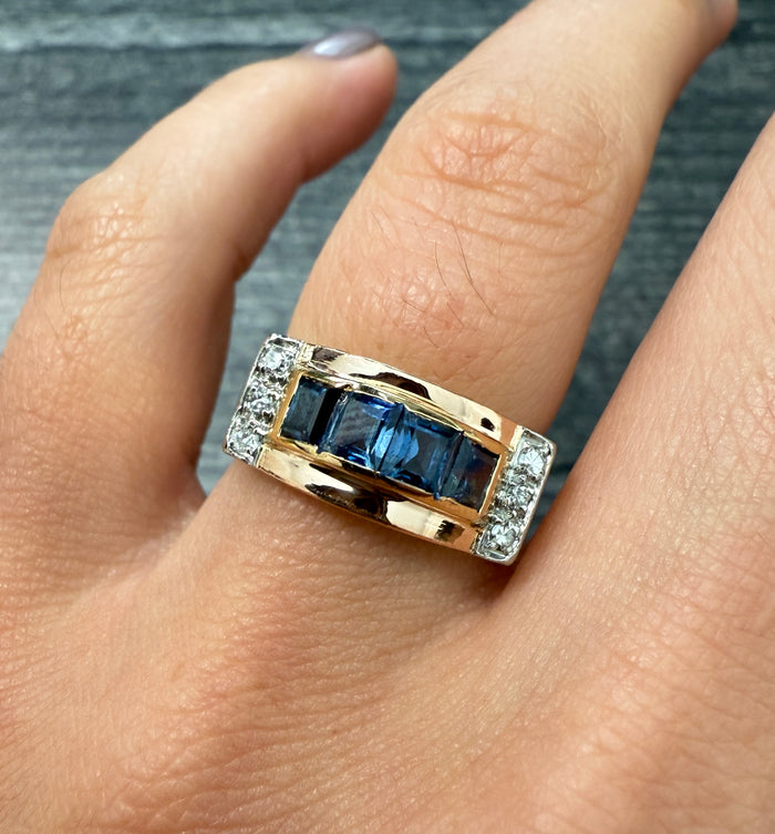 Retro Sapphire and Diamond Tank Ring in 18K Gold