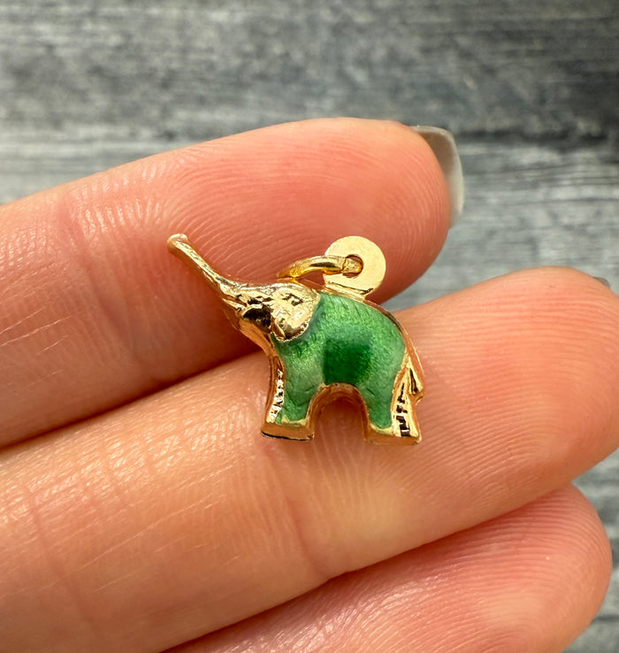 Green Enamel and Puffy 18K Gold Elephant Charm