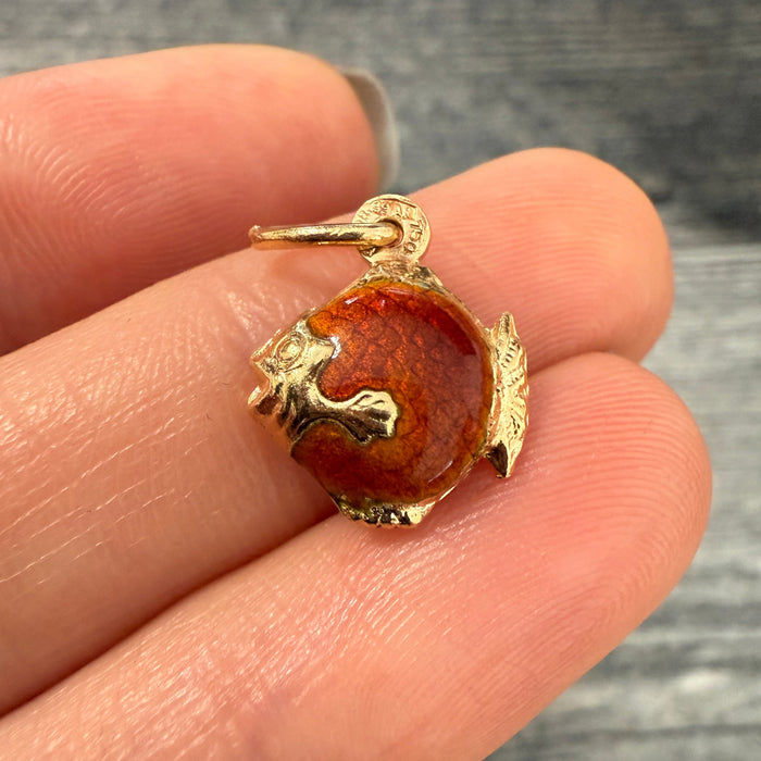 Burnt Orange Enamel and 18K Gold Fish Charm