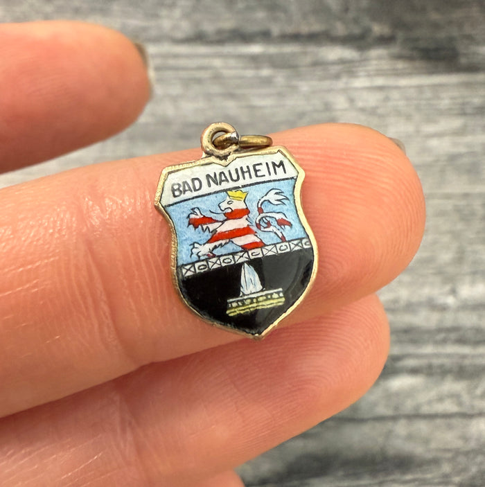 Vintage Enamel and 8K Gold Shield "BAD NAUHEIM" German City Charm