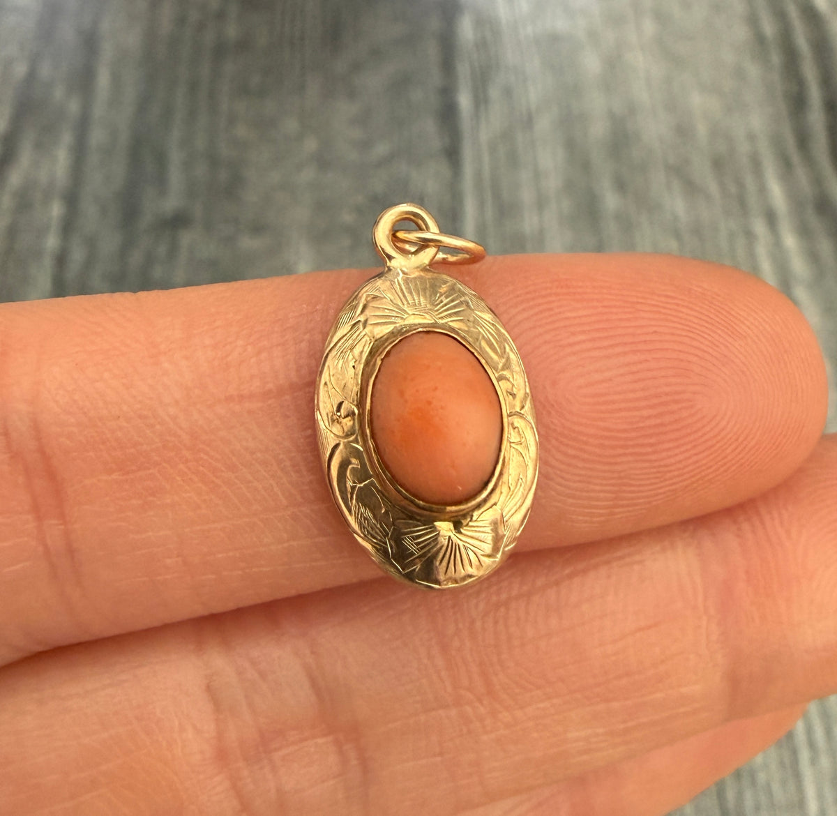 Vintage Natural Pink Coral and 14k Gold Chased Charm