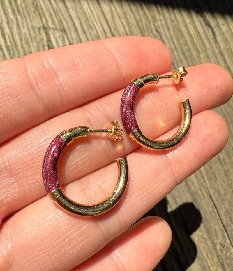 Purple Enamel and 18K Gold Hoop Earrings