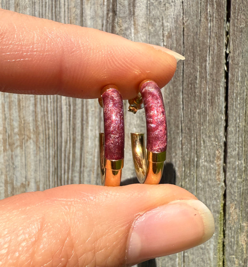Purple Enamel and 18K Gold Hoop Earrings