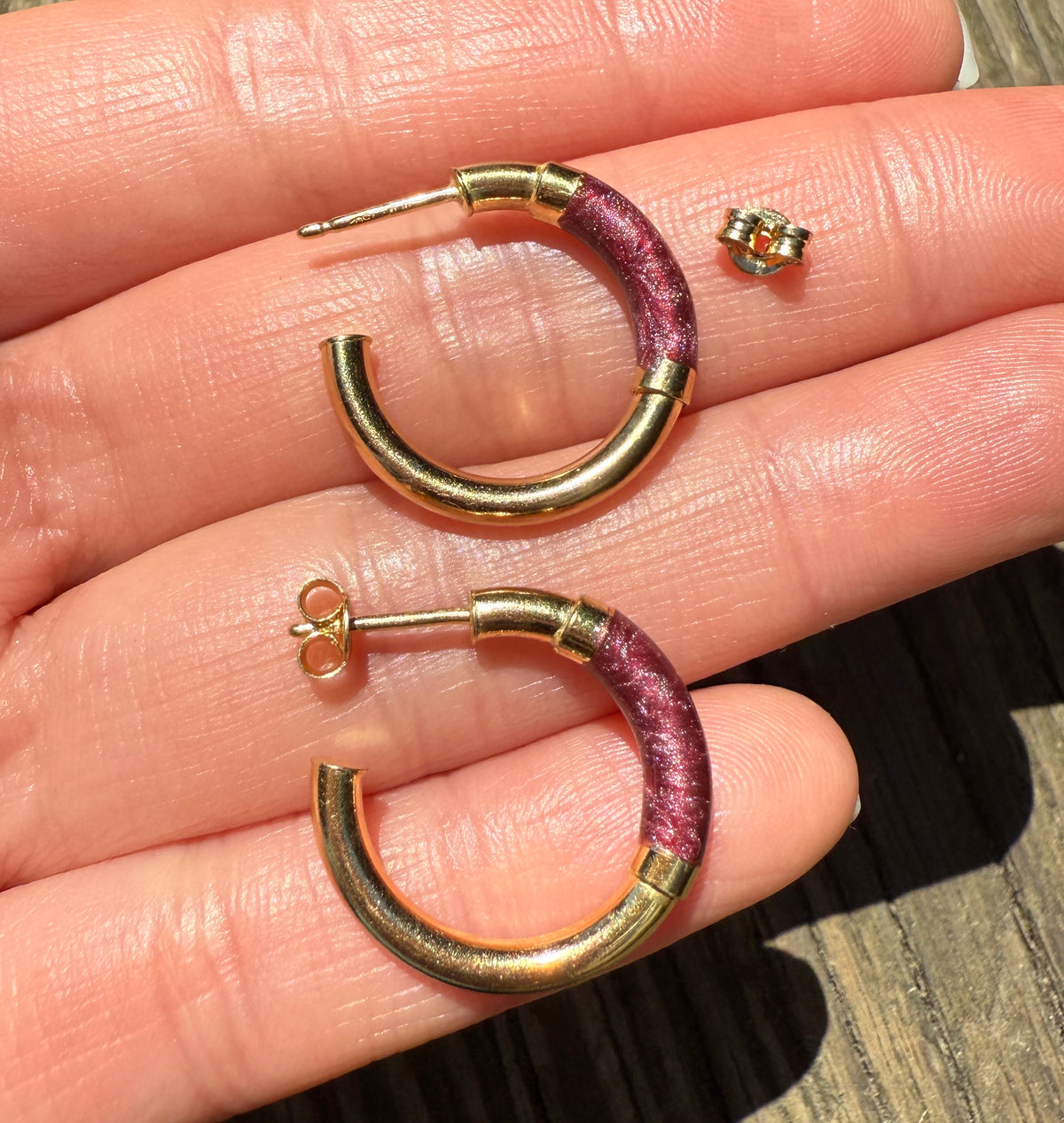 Purple Enamel and 18K Gold Hoop Earrings