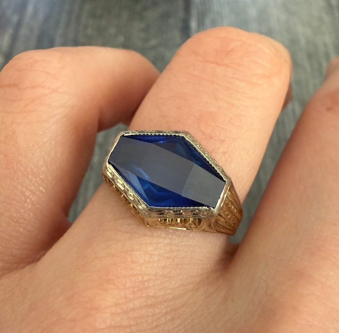 Art Deco Fancy Cut Synthetic Sapphire and 14K Gold Ring (S)