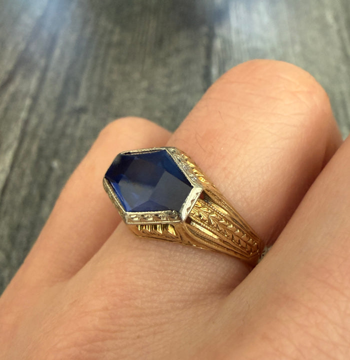 Art Deco Fancy Cut Synthetic Sapphire and 14K Gold Ring (S)