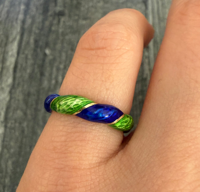 Vintage Blue and Green Enamel Twist Band in 14K Gold