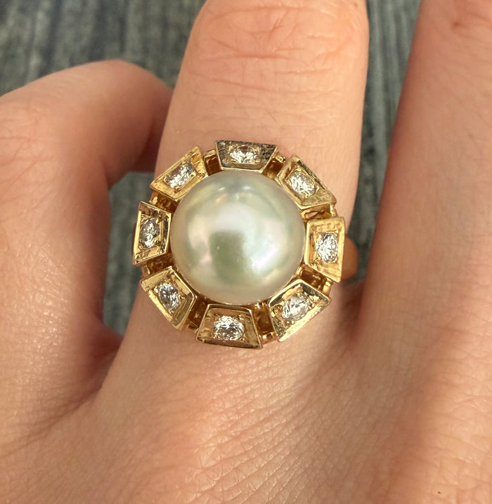 South Sea Pearl and Diamond Ring in 14K Gold (S)