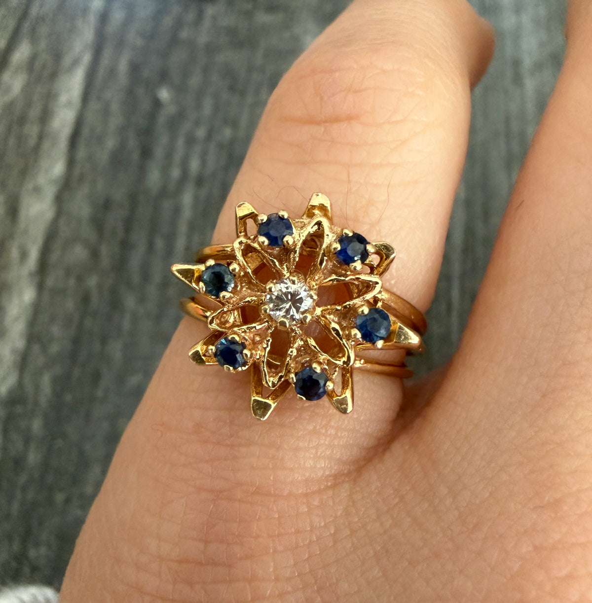 Vintage Sapphire and Diamond Snowflake Ring in 14K Gold