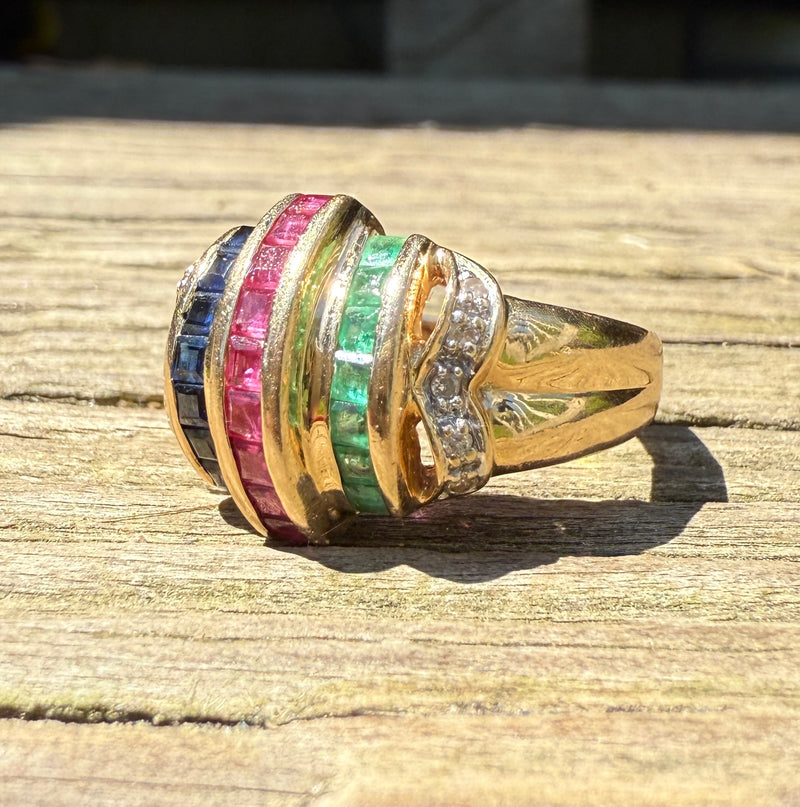 Vintage Ruby, Sapphire, Emerald, and Diamond Dome Ring