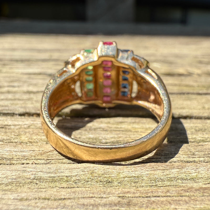 Vintage Ruby, Sapphire, Emerald, and Diamond Dome Ring