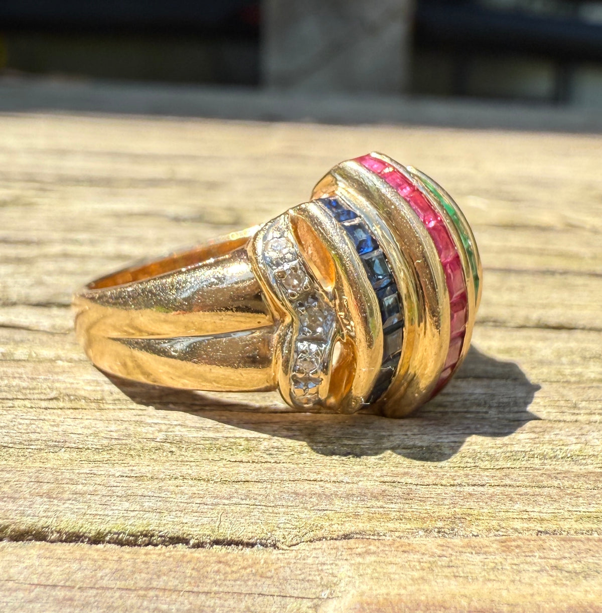Vintage Ruby, Sapphire, Emerald, and Diamond Dome Ring
