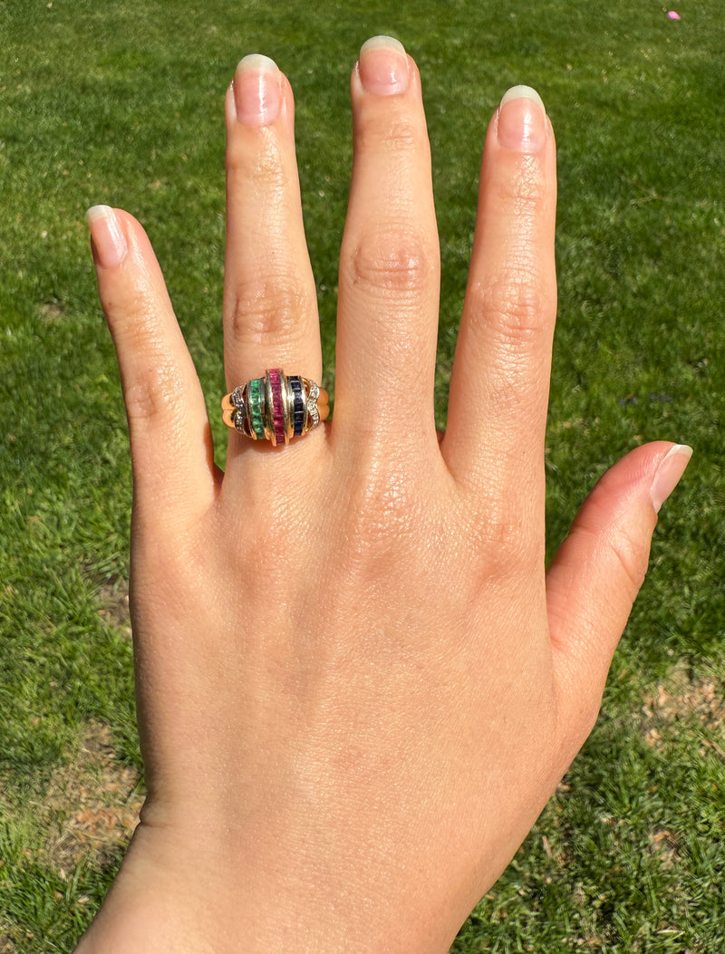 Vintage Ruby, Sapphire, Emerald, and Diamond Dome Ring