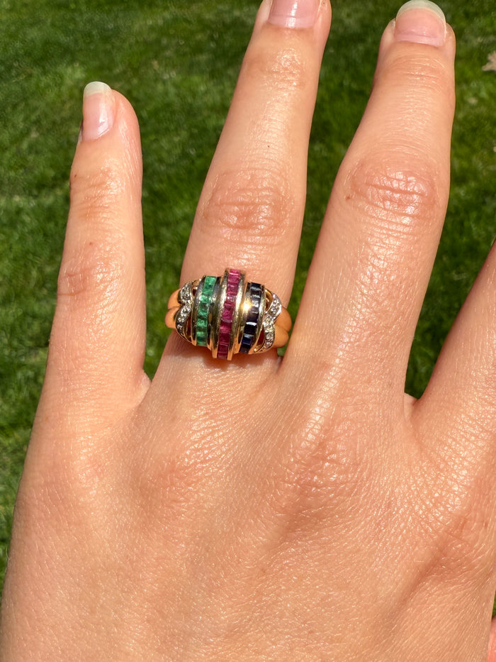 Vintage Ruby, Sapphire, Emerald, and Diamond Dome Ring