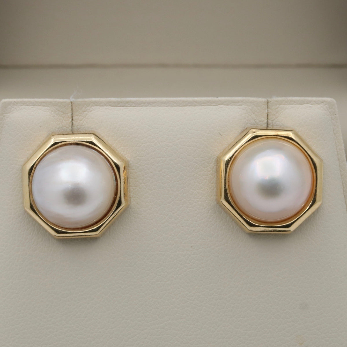 Vintage 1980s Octagon Mabe Pearl and 14K Gold Earrings
