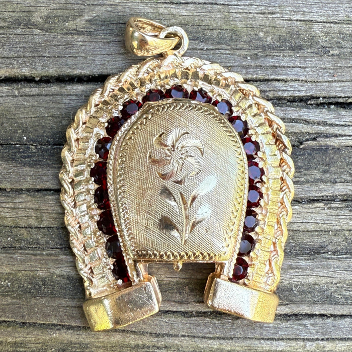 Large Vintage Garnet and 14K Gold Horseshoe Locket Pendant