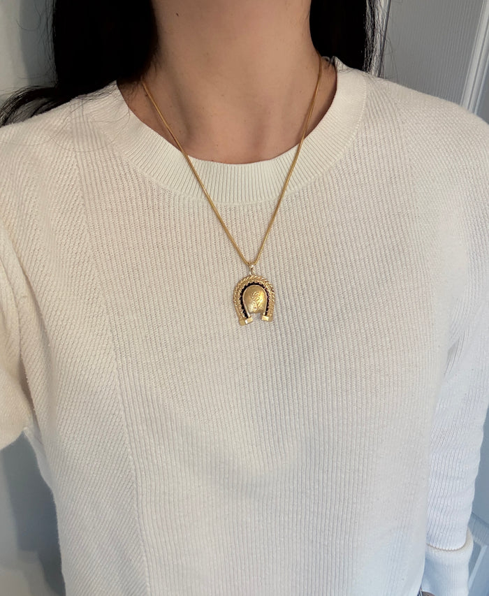 Large Vintage Garnet and 14K Gold Horseshoe Locket Pendant