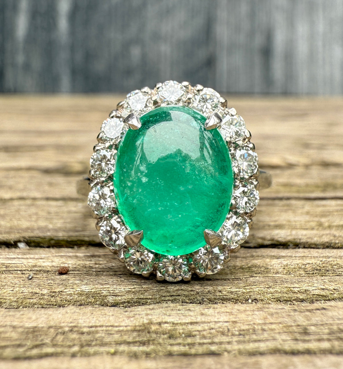 3.3 Carat Cabochon Emerald and Diamond Halo Ring