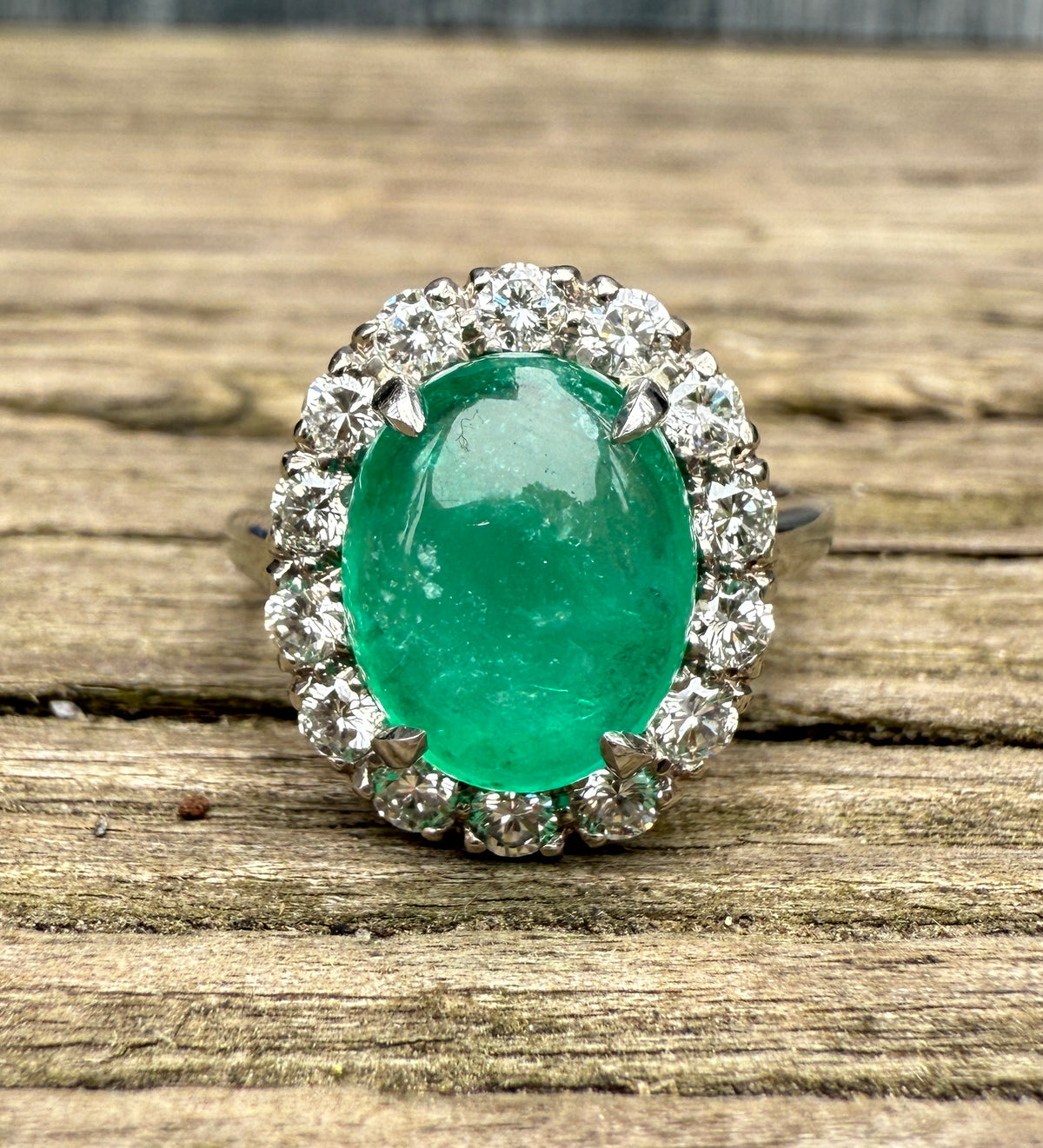 3.3 Carat Cabochon Emerald and Diamond Halo Ring
