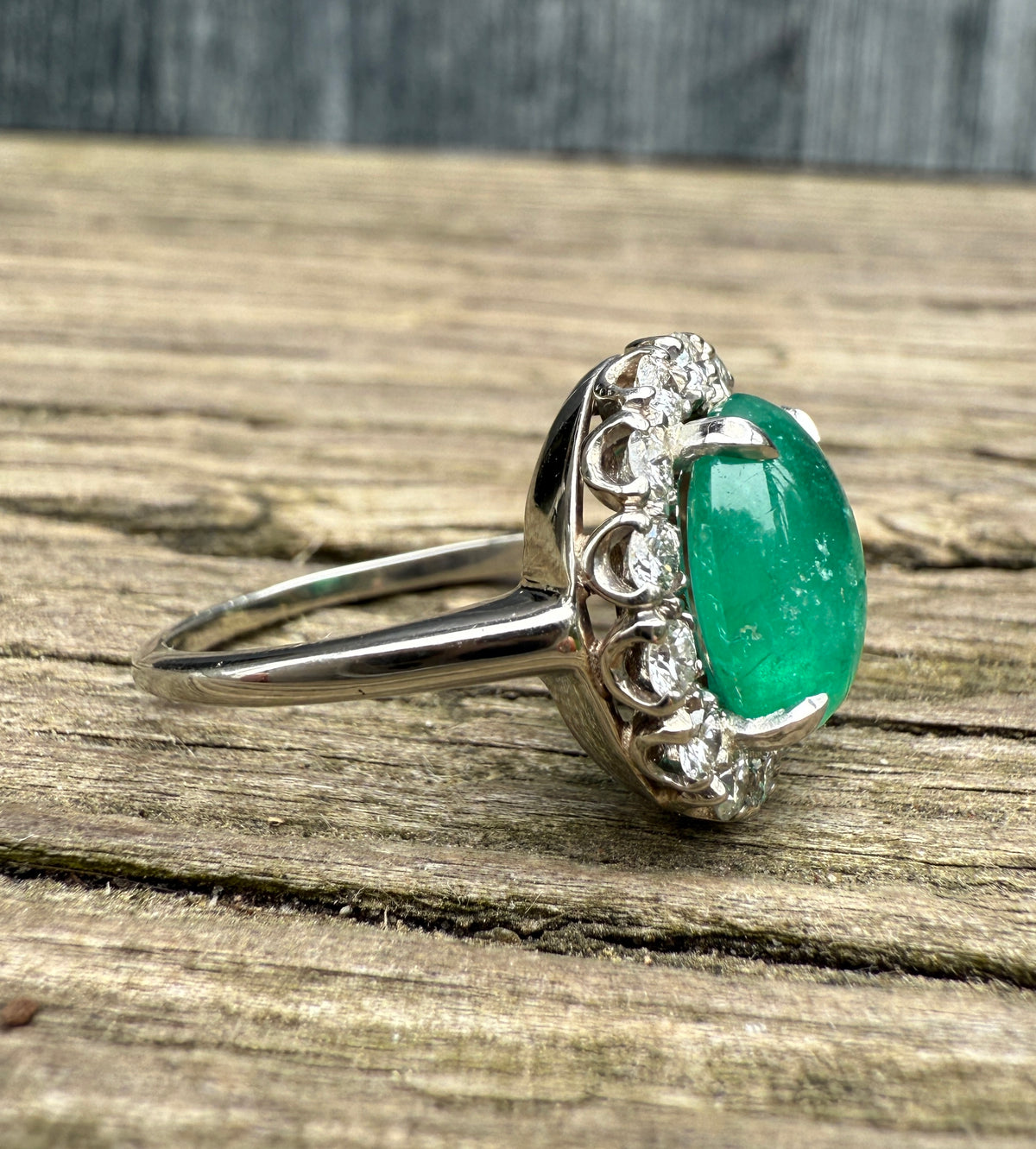 3.3 Carat Cabochon Emerald and Diamond Halo Ring