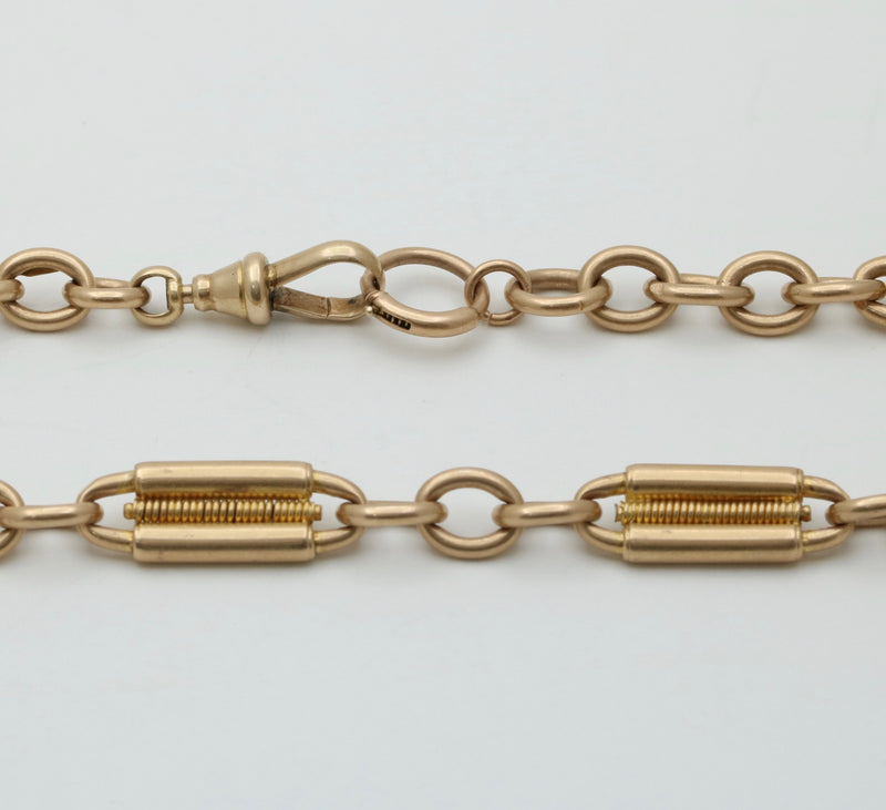 Victorian 15K Gold Spiral Trombone Link Watch Chain, 14.5” Long