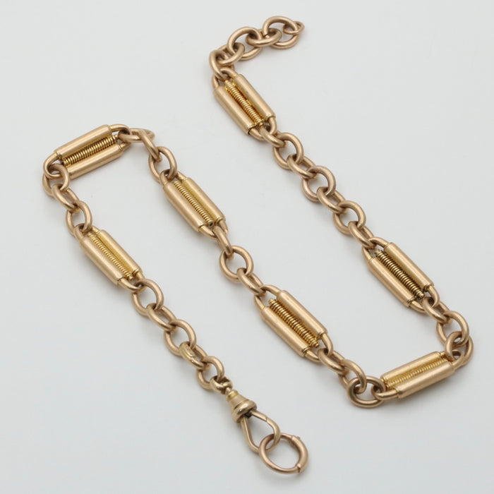 Victorian 15K Gold Spiral Trombone Link Watch Chain, 14.5” Long