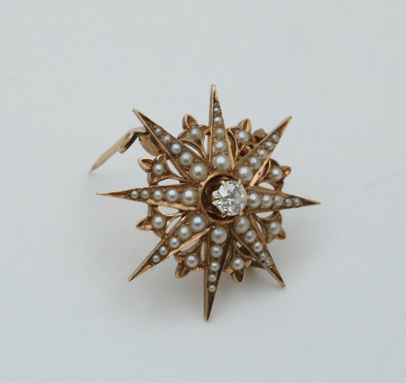 Victorian Diamond and Pearl Starburst Pin, Pendant