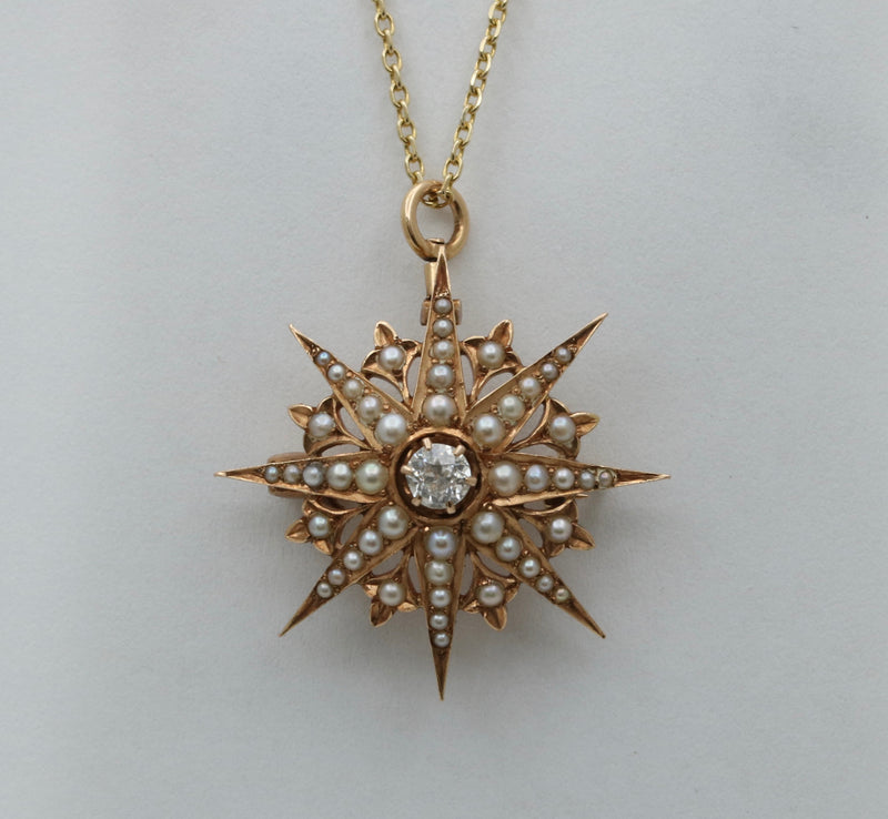 Victorian Diamond and Pearl Starburst Pin, Pendant