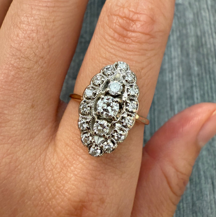 Vintage Diamond Navette Ring in 14K Gold