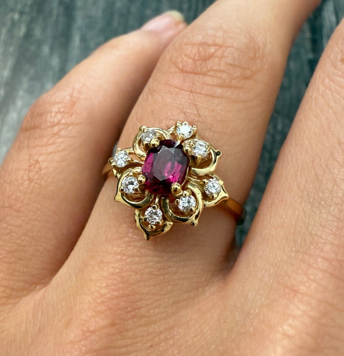 Vintage Ruby and Diamond Flower Ring in 14K Gold
