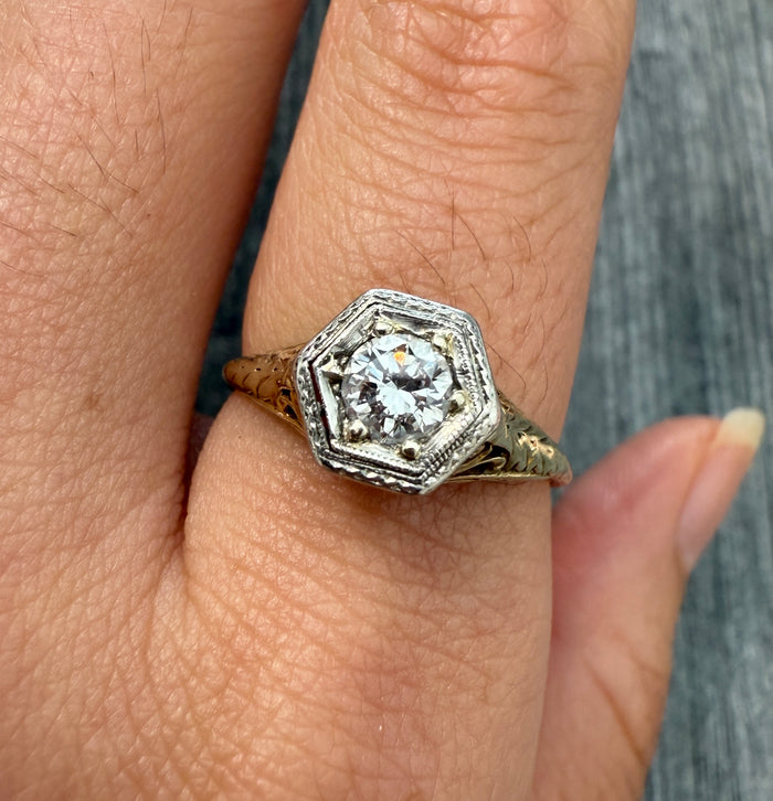 Art Deco Diamond and 14K Gold Filigree Solitaire Ring