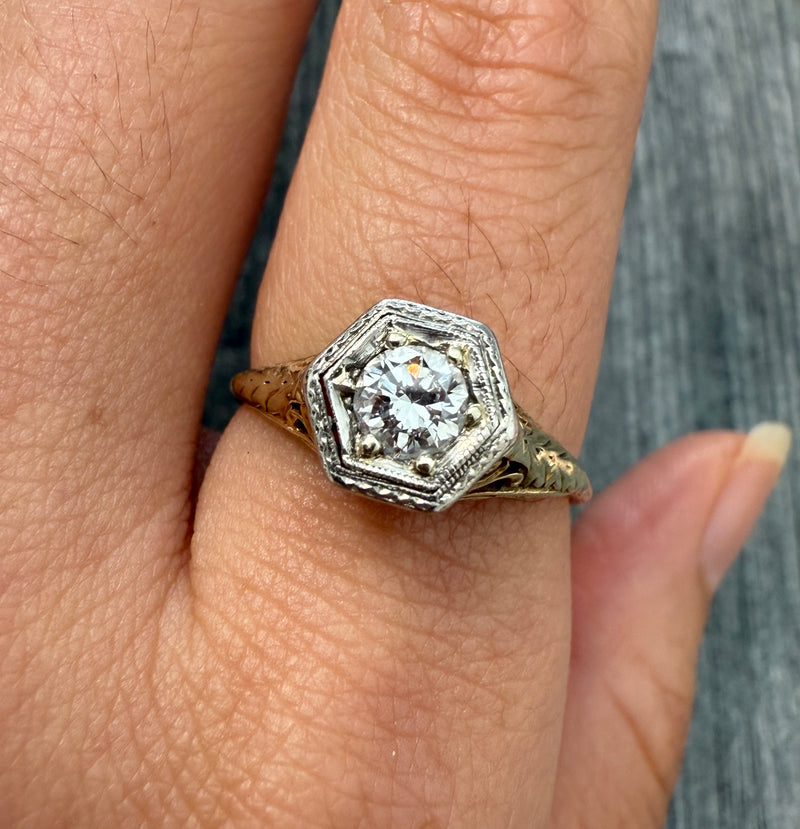 Art Deco Diamond and 14K Gold Filigree Solitaire Ring