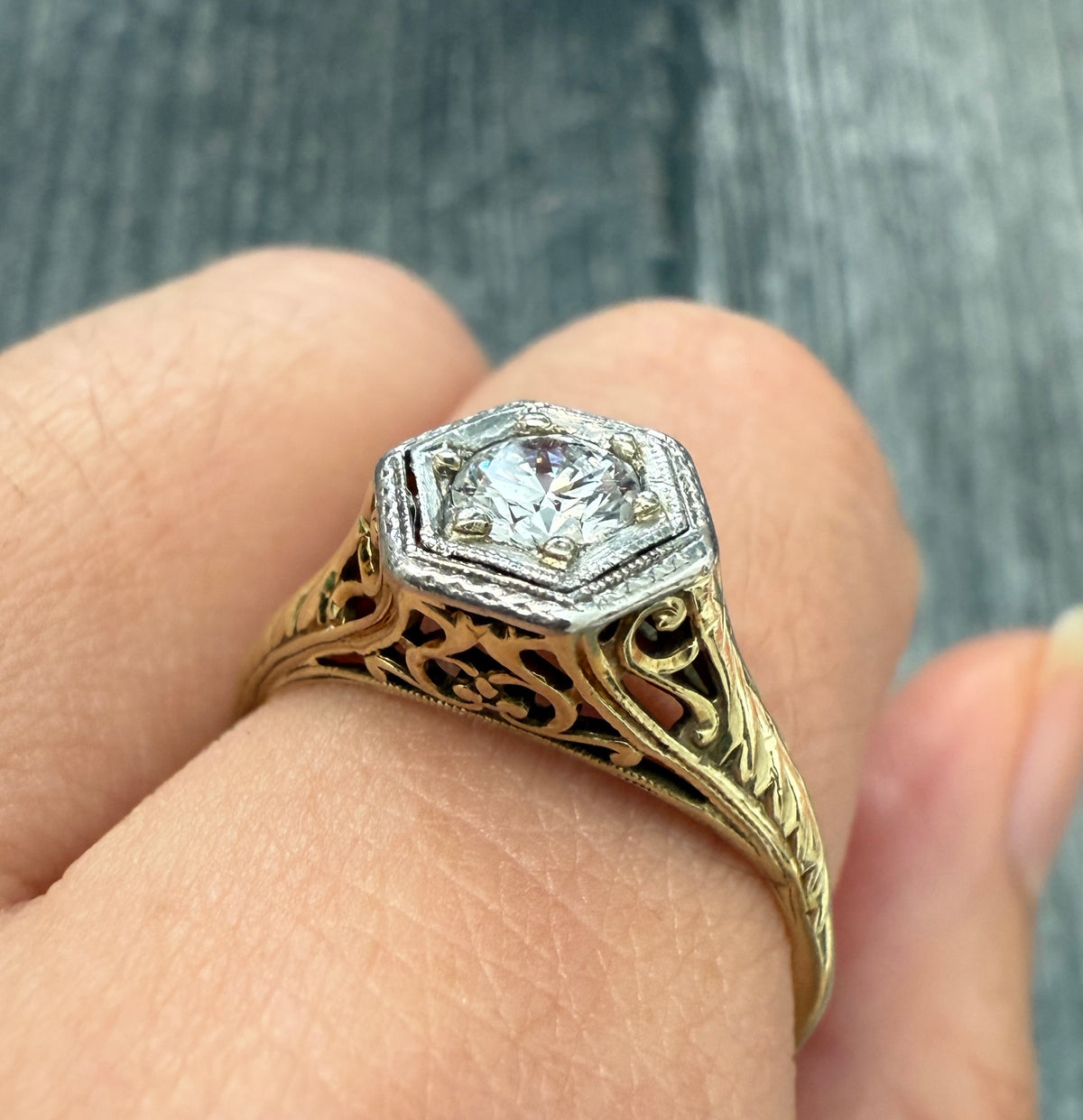 Art Deco Diamond and 14K Gold Filigree Solitaire Ring